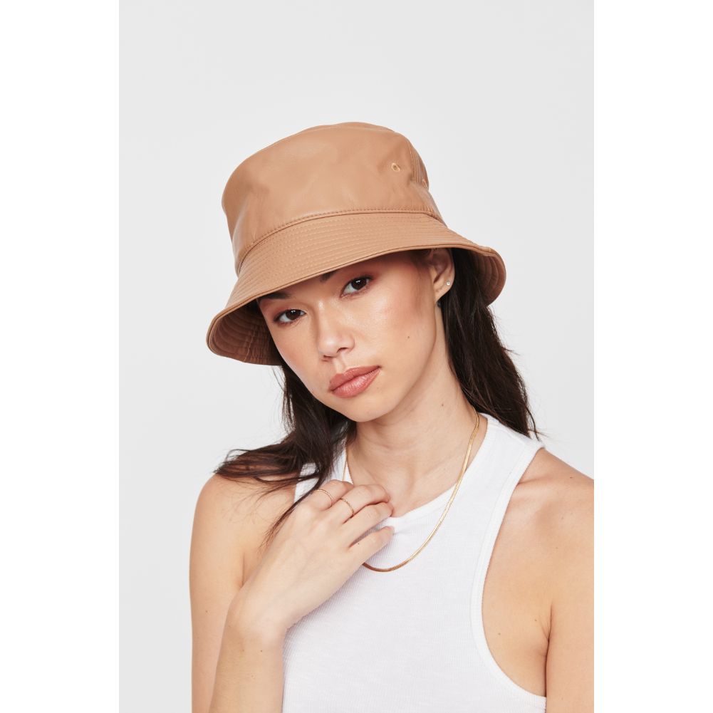 Woman wearing Latte Urban Expressions Vegan Leather Bucket Hat Bucket Hat 818209014786 View 1 | Latte