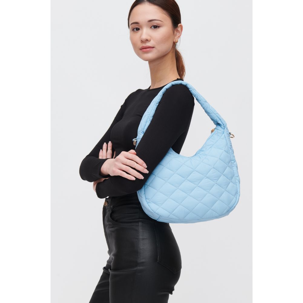 Woman wearing Baby Blue Urban Expressions Sonoma - Quilted Nylon Hobo 840611118462 View 1 | Baby Blue
