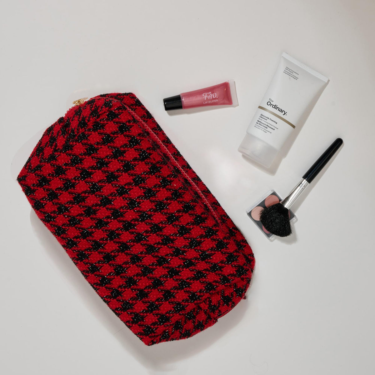 Woman wearing Red Urban Essentials Haute Tooth Cosmetic & Travel Organizer Pouch 840611197214 View 1 | Red