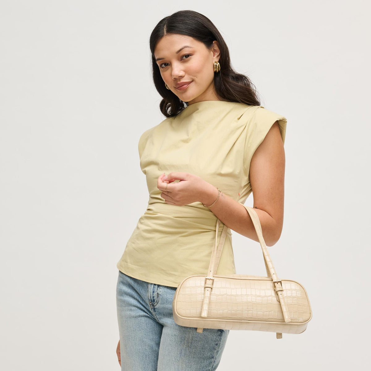 Woman wearing Nude Urban Expressions Athena Shoulder Bag 840504206184 View 3 | Nude