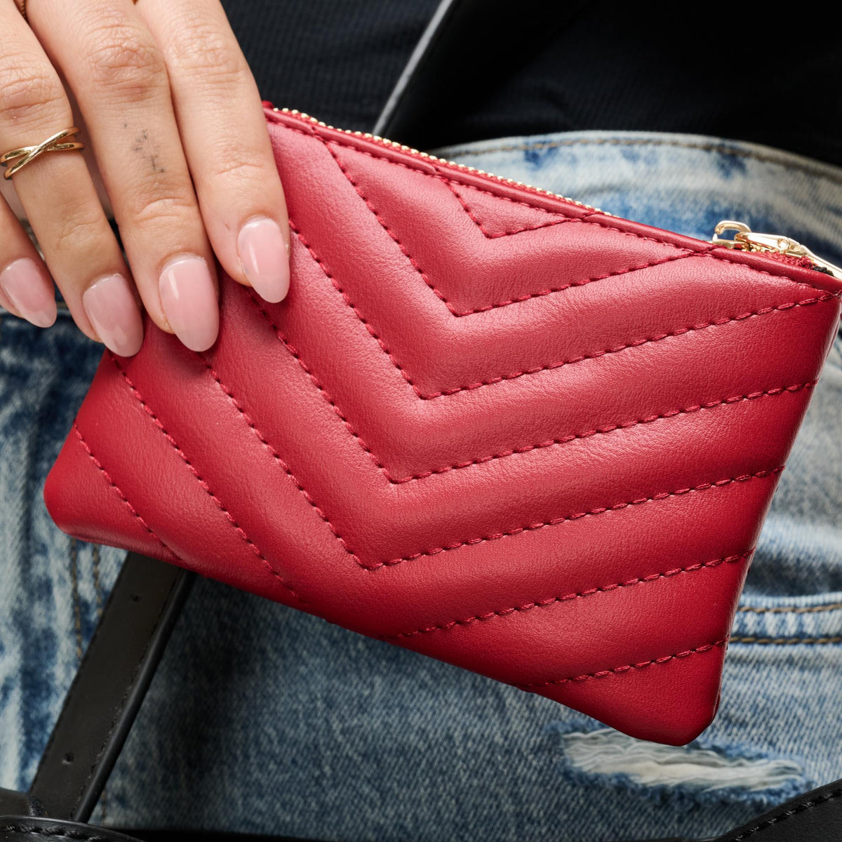 Woman wearing Red Urban Expressions Mackenzie Wallet 840504203848 View 1 | Red