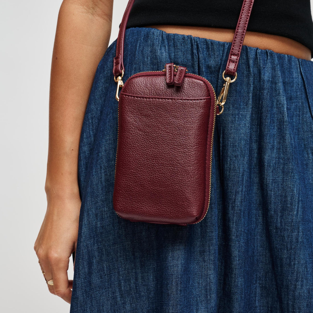 Woman wearing Burgundy Urban Expressions Karen Cell Phone Crossbody 840504212789 View 3 | Burgundy