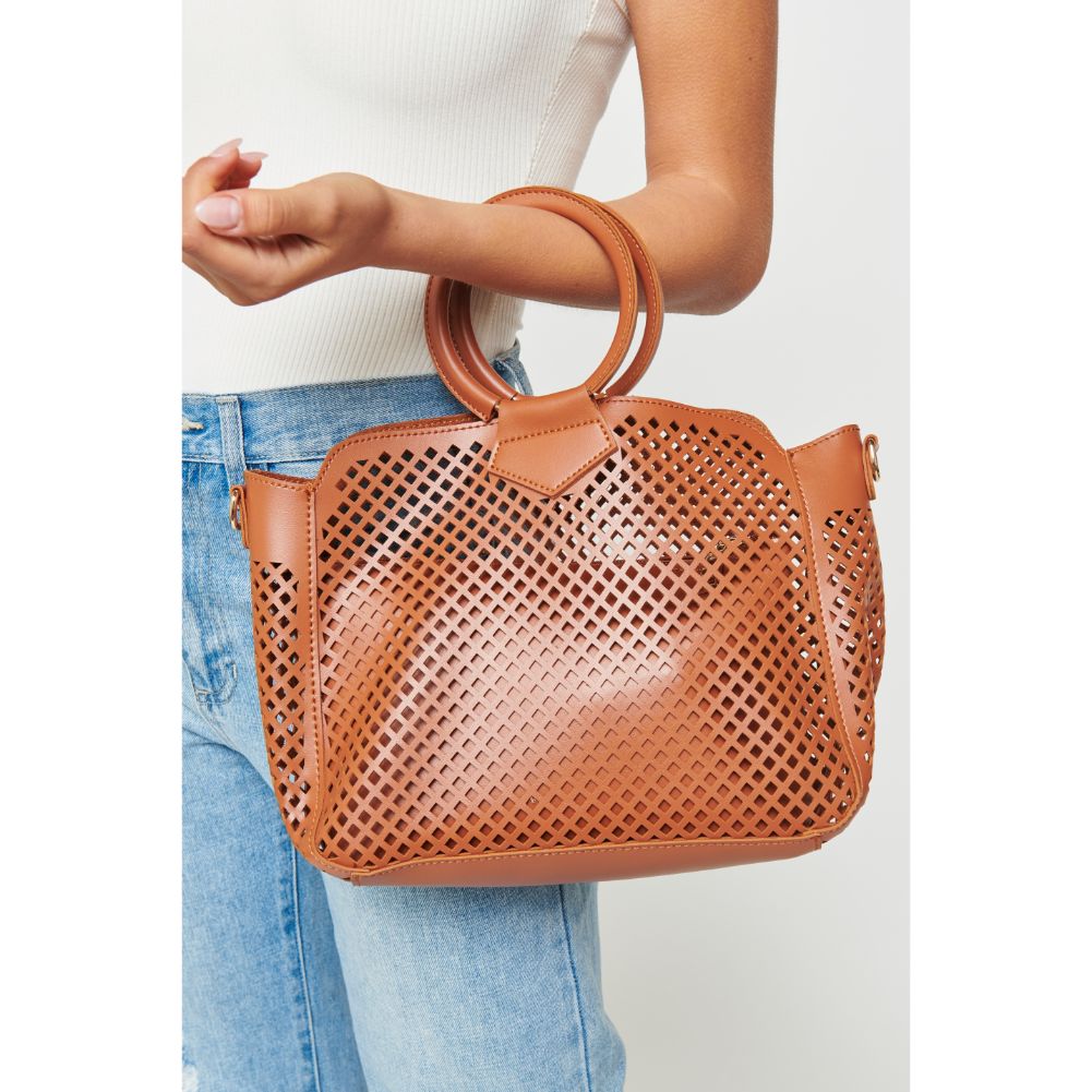 Woman wearing Tan Urban Expressions Jaclyn Satchel 840611169648 View 2 | Tan