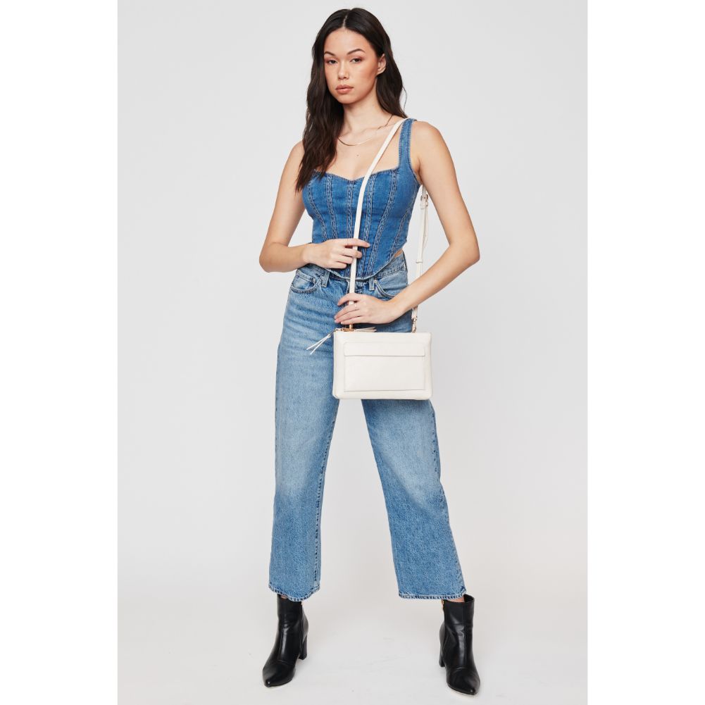 Woman wearing Oatmilk Urban Expressions Morris Lizard Crossbody 840611108524 View 3 | Oatmilk