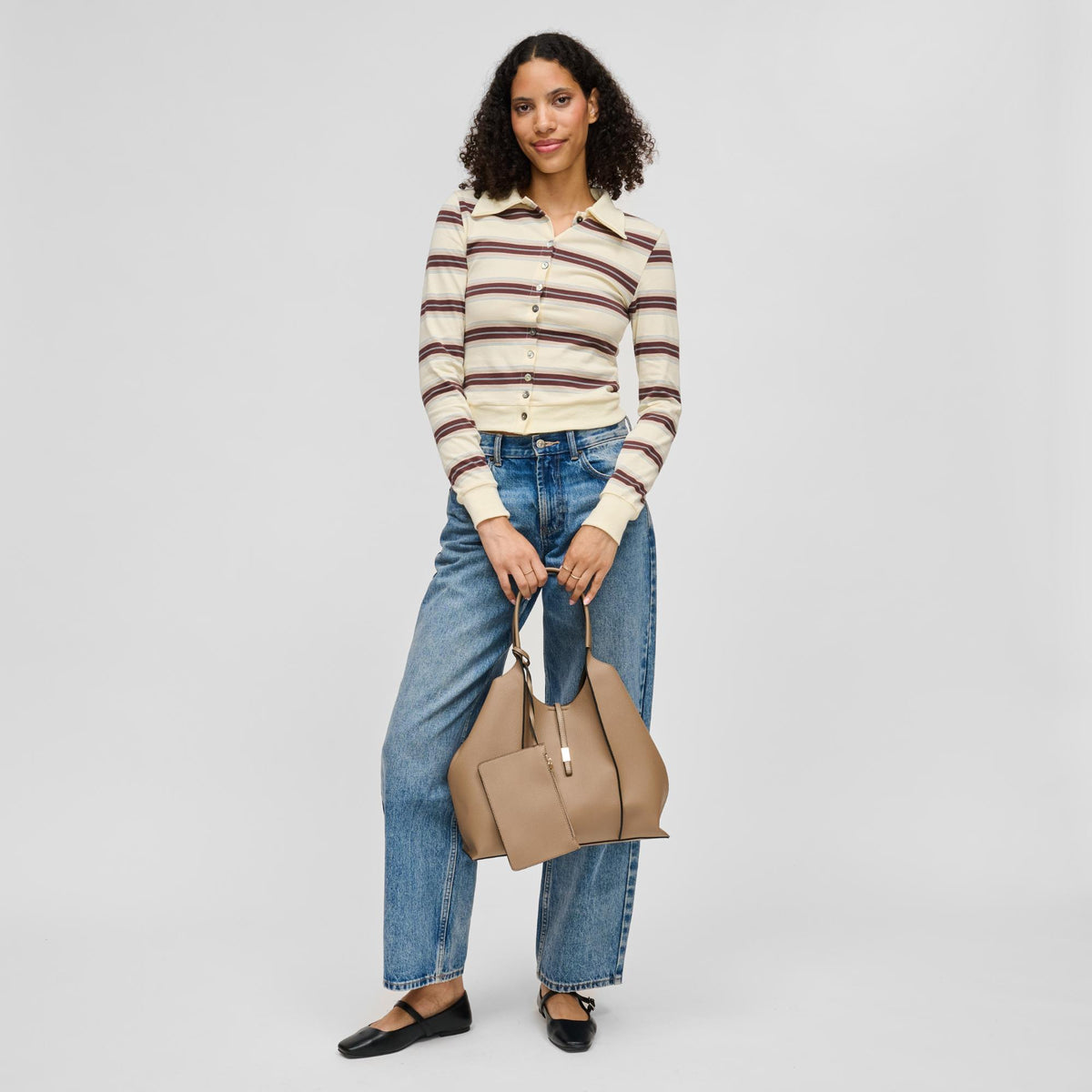 Woman wearing Taupe Urban Expressions Woody Tote 840504214783 View 4 | Taupe