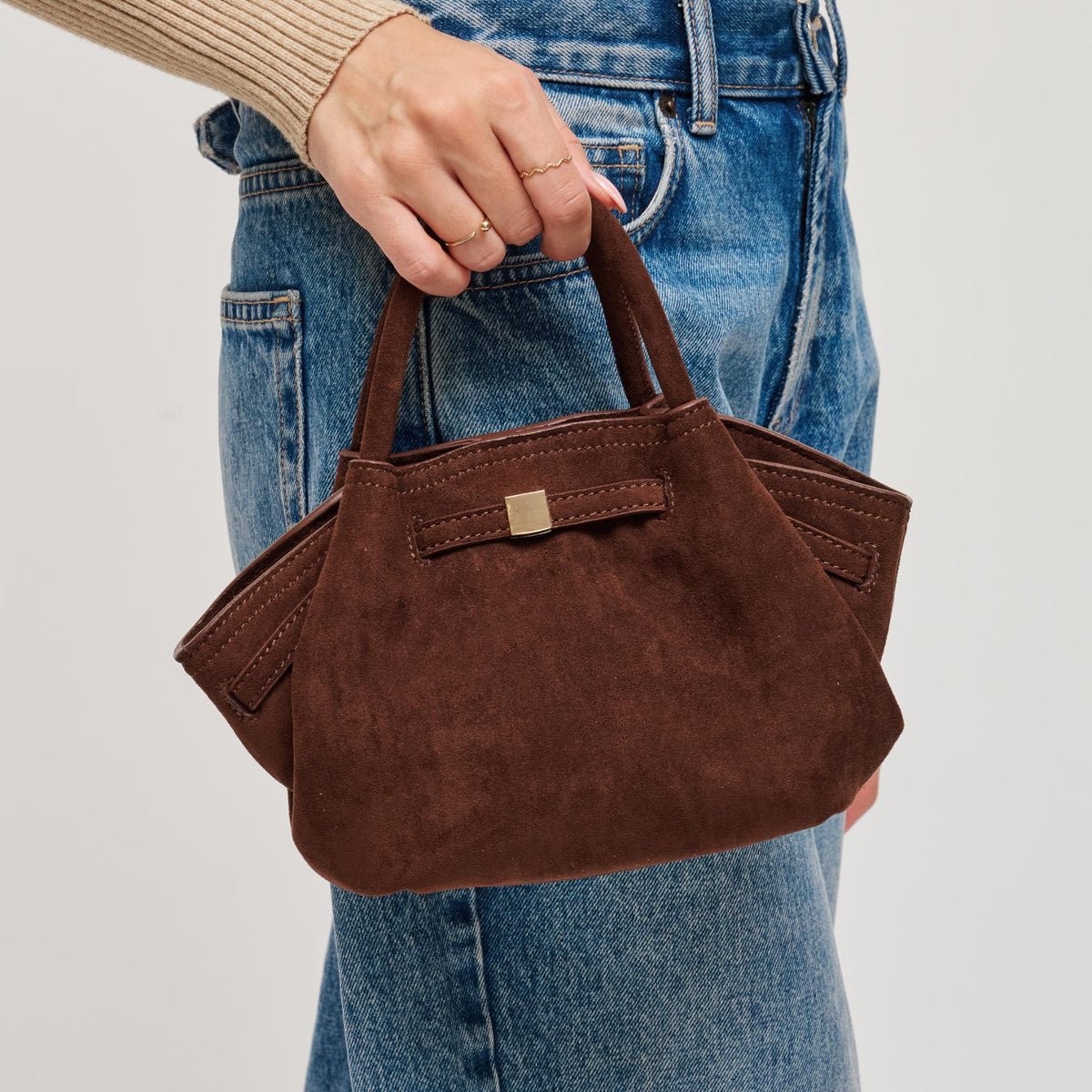 Woman wearing Chocolate Urban Expressions Selena - Faux Suede Crossbody 840611199201 View 1 | Chocolate