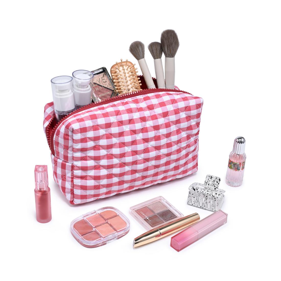 Woman wearing Red Urban Essentials Check Mate Cosmetic & Travel Organizer Pouch 840504209840 View 1 | Red