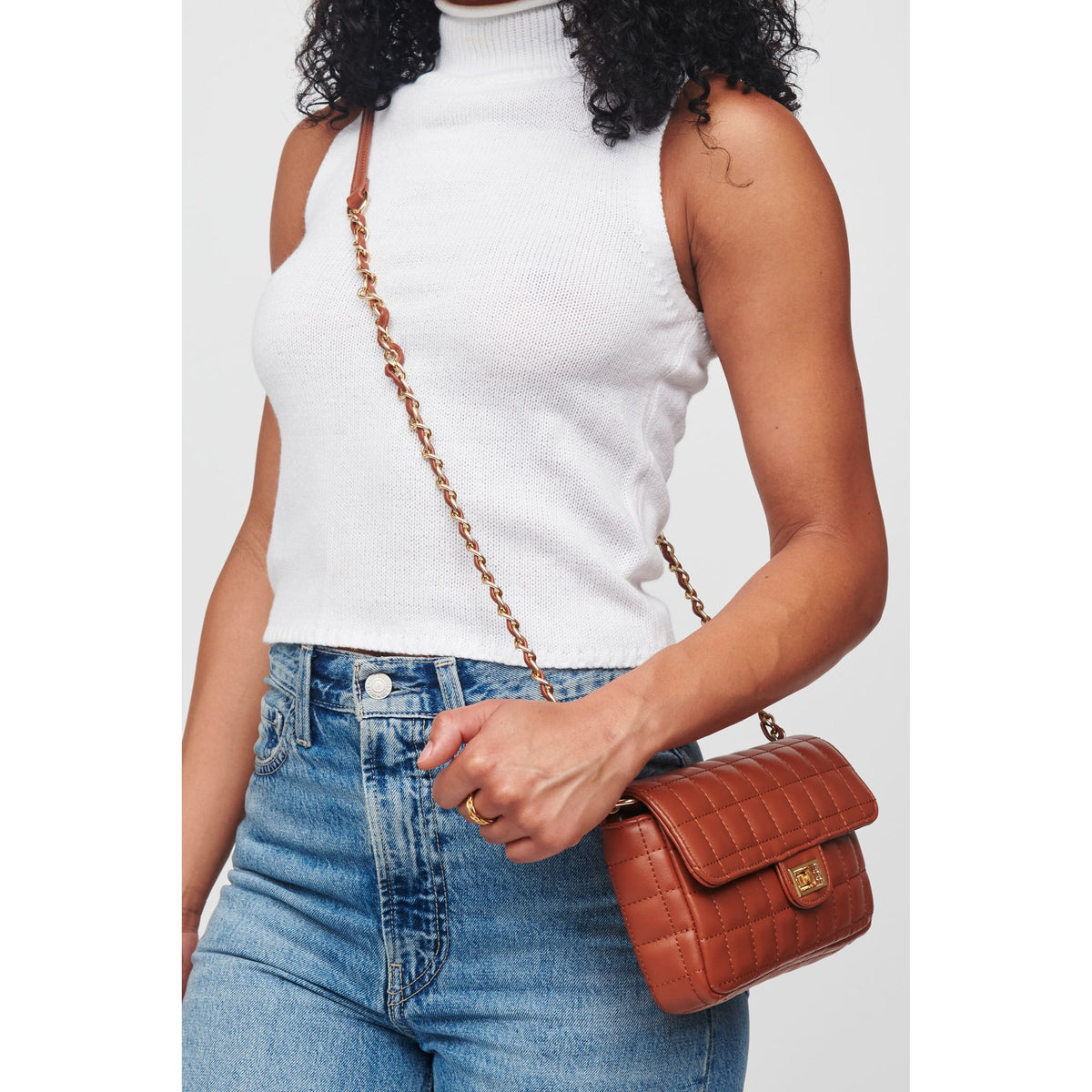 Woman wearing Tan Urban Expressions Darcie Crossbody 818209012058 View 1 | Tan