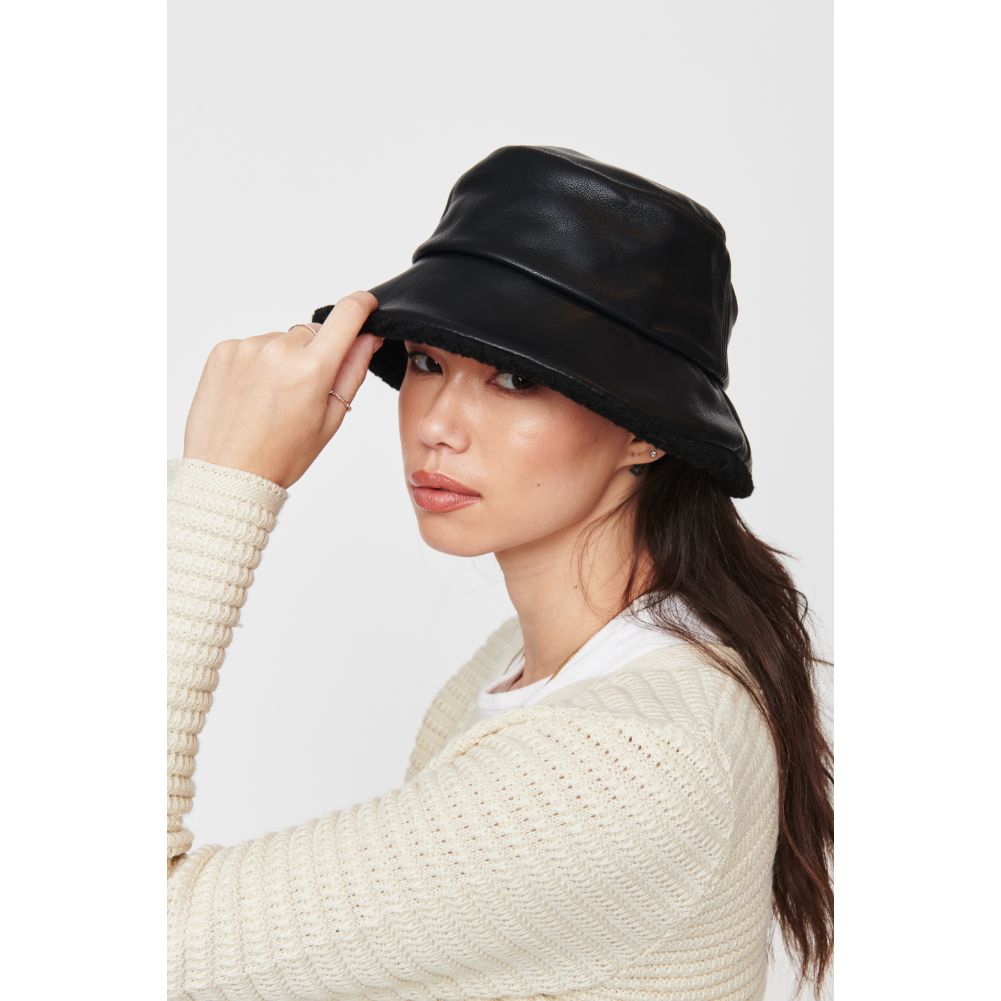 Woman wearing Black Urban Expressions Shearling Trim Bucket Hat Bucket Hat 818209014687 View 2 | Black