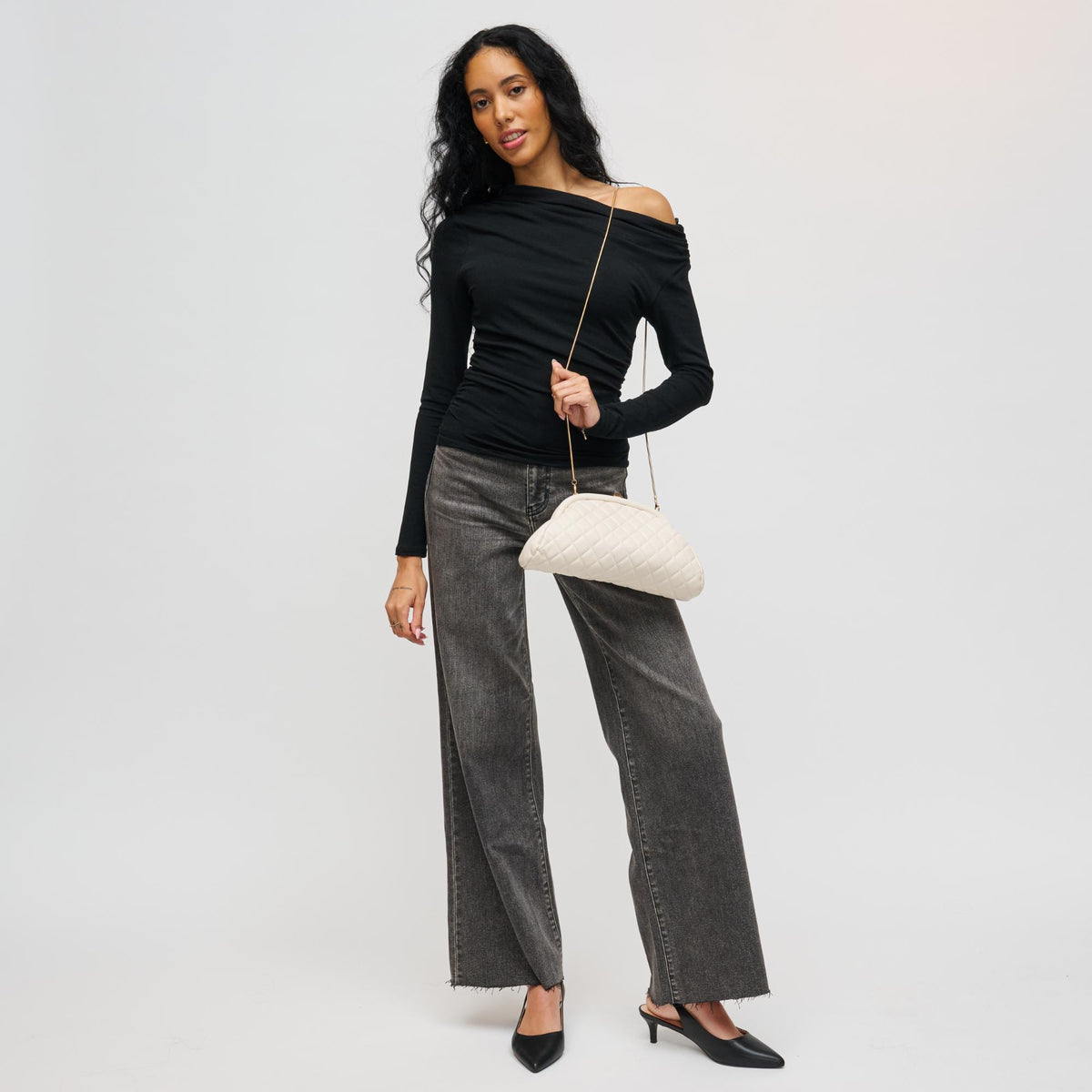 Woman wearing Oatmilk Urban Expressions Ava - Quilted Clutch 840504200670 View 4 | Oatmilk