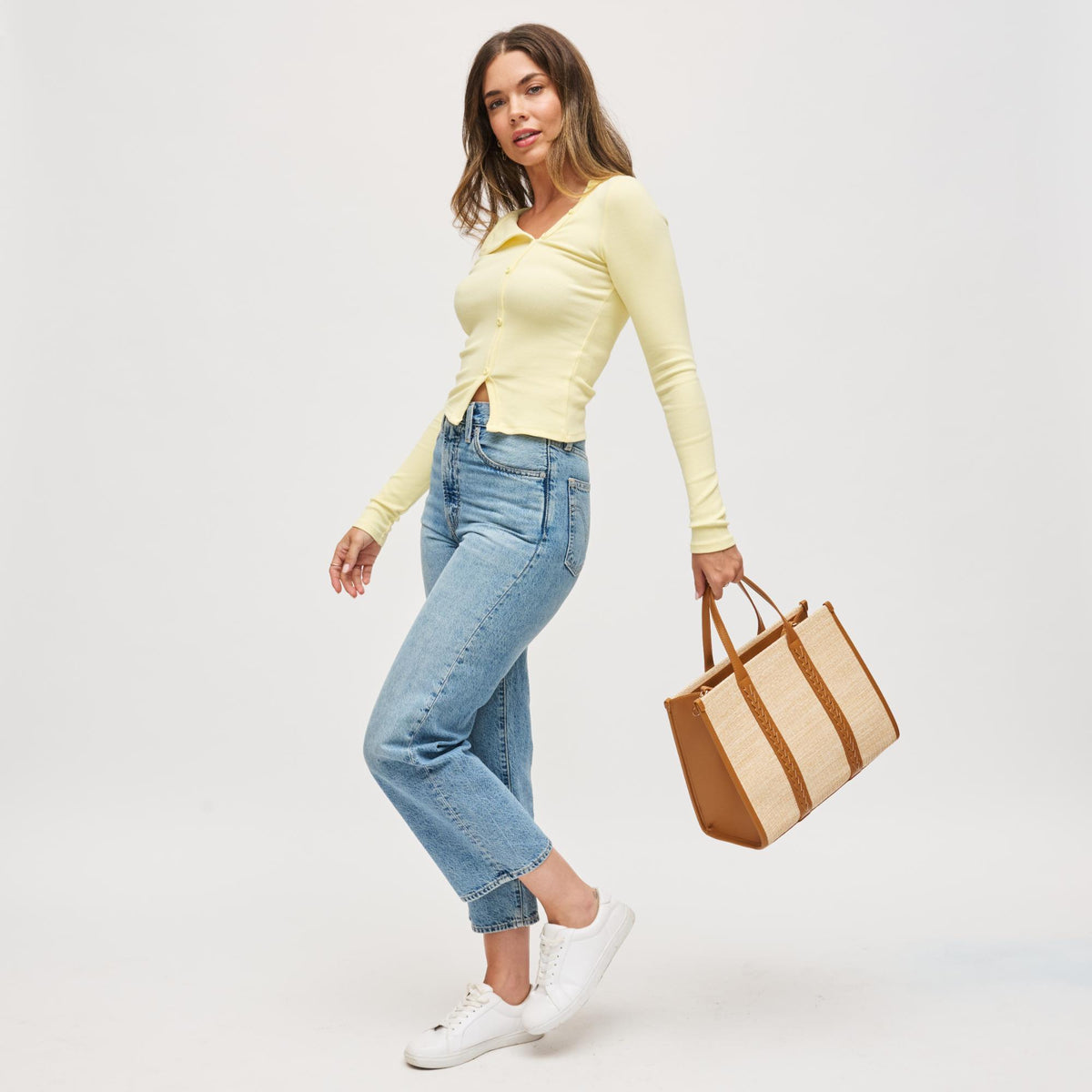 Woman wearing Tan Urban Expressions Svetlana Tote 840611196361 View 3 | Tan
