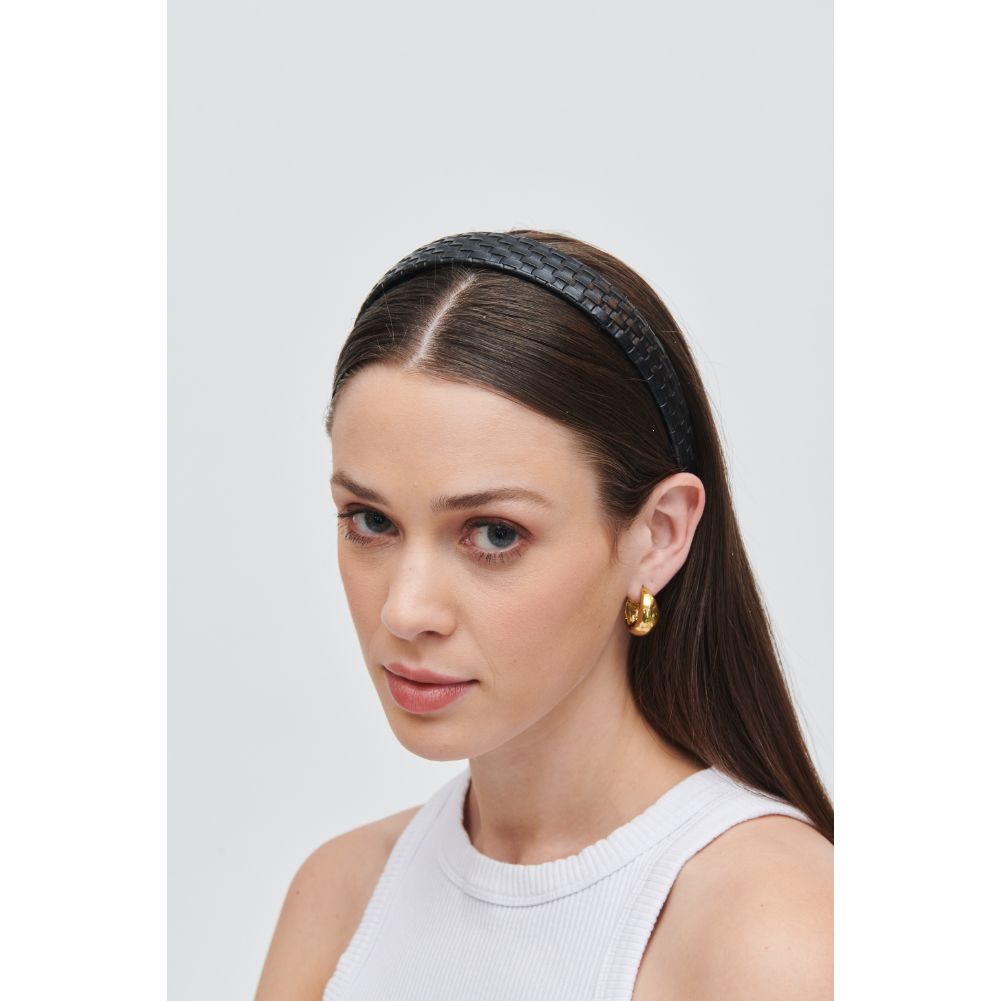 Woman wearing Black Urban Expressions Embossed Woven Vegan Leather Headband Headband 818209014229 View 2 | Black