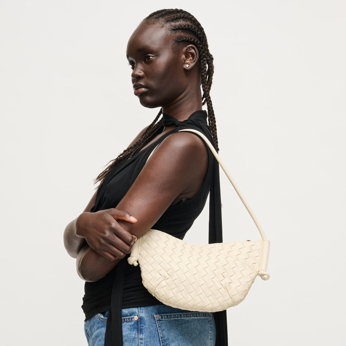 Woman wearing Oatmilk Urban Expressions Oakley Shoulder Bag 840504204210 View 2 | Oatmilk
