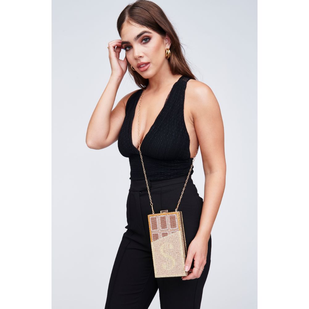 Woman wearing Chocolate Urban Expressions Willie Minaudiere 840611101204 View 4 | Chocolate