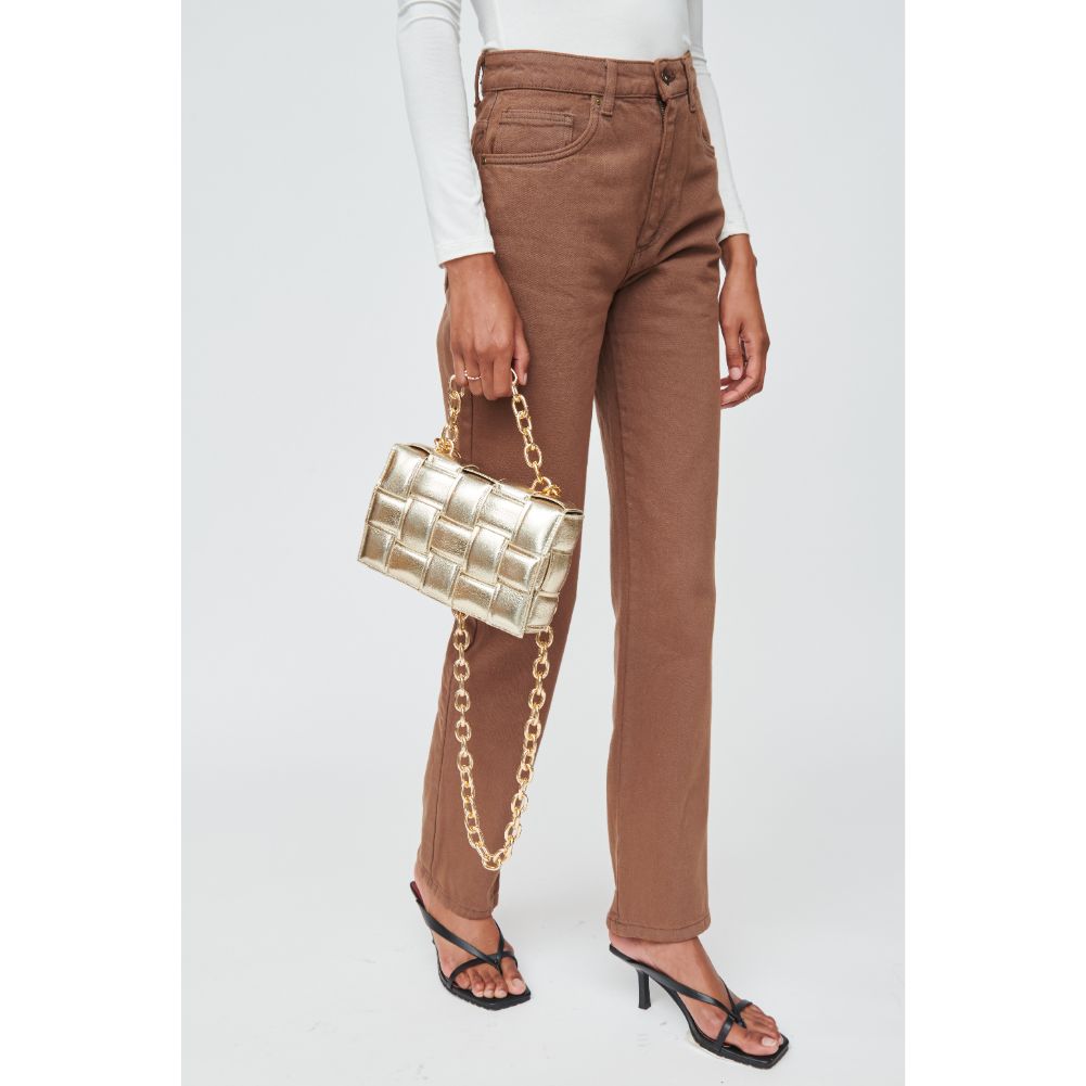 Woman wearing Gold Urban Expressions Ines Metallic Crossbody 840611100573 View 4 | Gold
