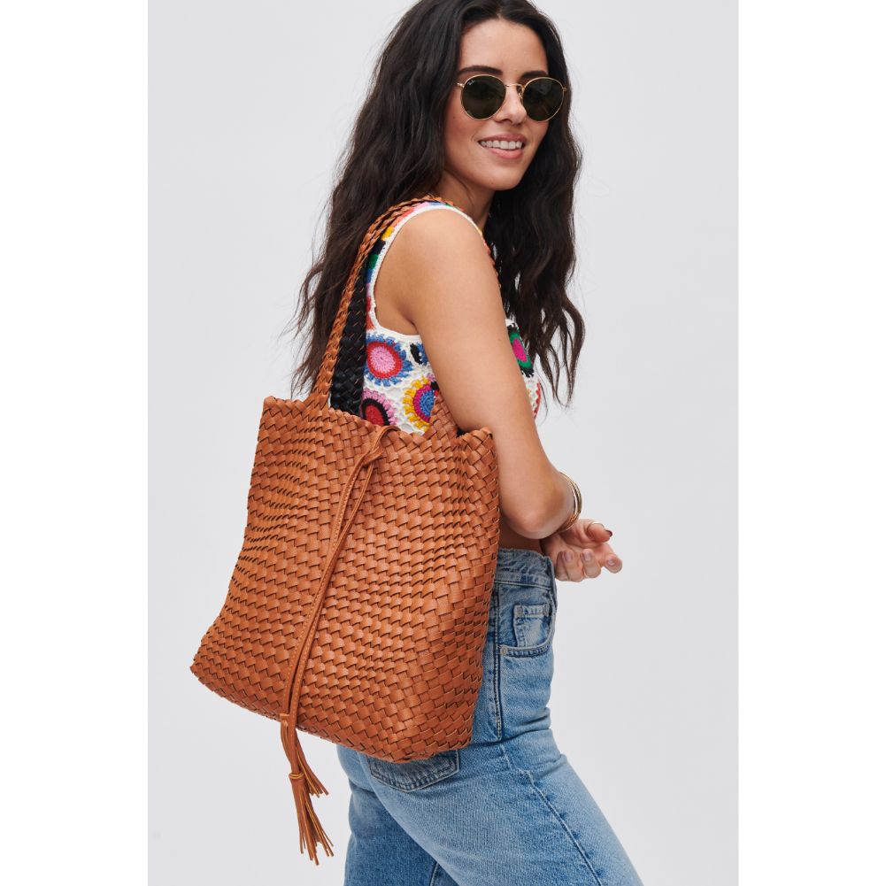 Woman wearing Tan Black Urban Expressions Wilhelmina Tote 840611106636 View 1 | Tan Black