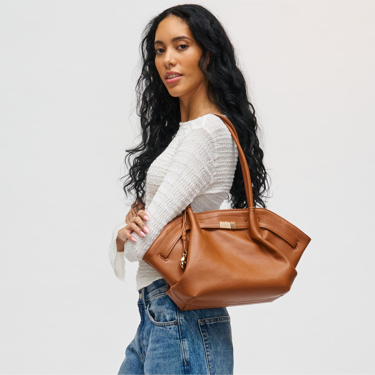 Woman wearing Tan Urban Expressions Monroe Satchel 840504200854 View 1 | Tan