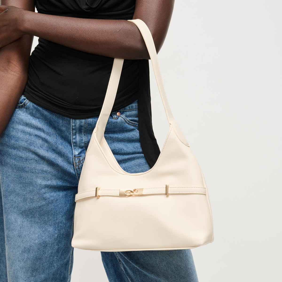 Woman wearing Oatmilk Urban Expressions Camila Shoulder Bag 840504205842 View 1 | Oatmilk