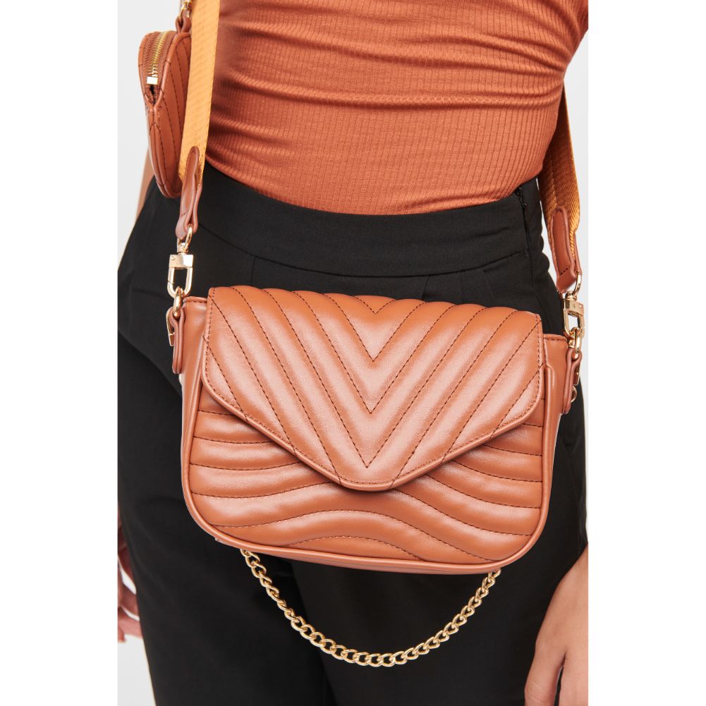 Woman wearing Cognac Urban Expressions Rayne Crossbody 840611183064 View 2 | Cognac