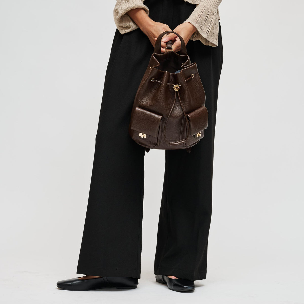 Woman wearing Espresso Urban Expressions Clearfield Backpack 840504212376 View 3 | Espresso