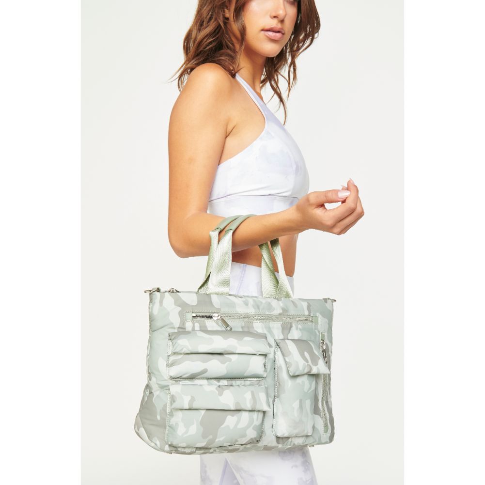 Woman wearing Sage Camo Urban Expressions Aria Messenger 840611182067 View 2 | Sage Camo