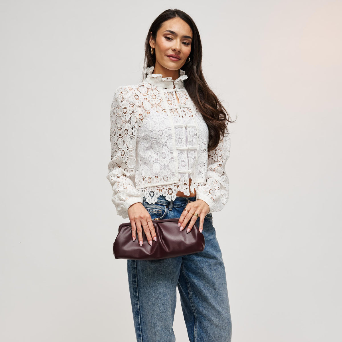 Woman wearing Burgundy Urban Expressions Kit Crossbody 840504212536 View 2 | Burgundy