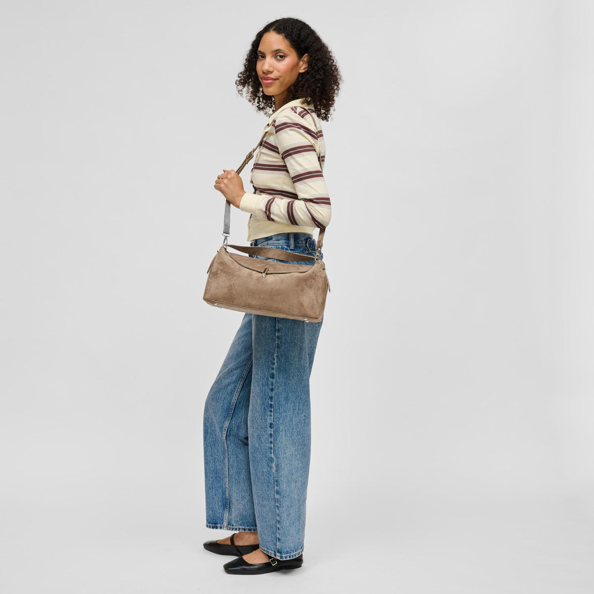 Woman wearing Taupe Urban Expressions Evermore Crossbody 840504212833 View 4 | Taupe