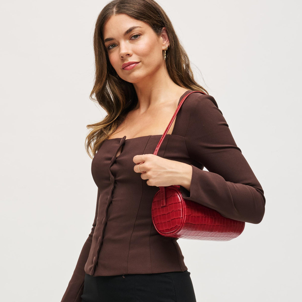 Woman wearing Red Urban Expressions Rachel - Croco Shoulder Bag 840611199508 View 2 | Red