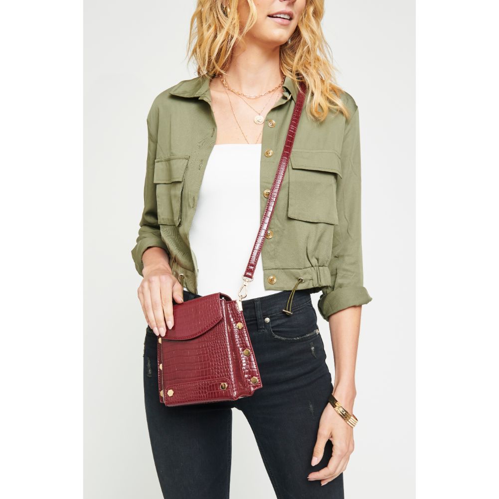 Woman wearing Burgundy Urban Expressions Taylor Croc Crossbody 840611165589 View 1 | Burgundy