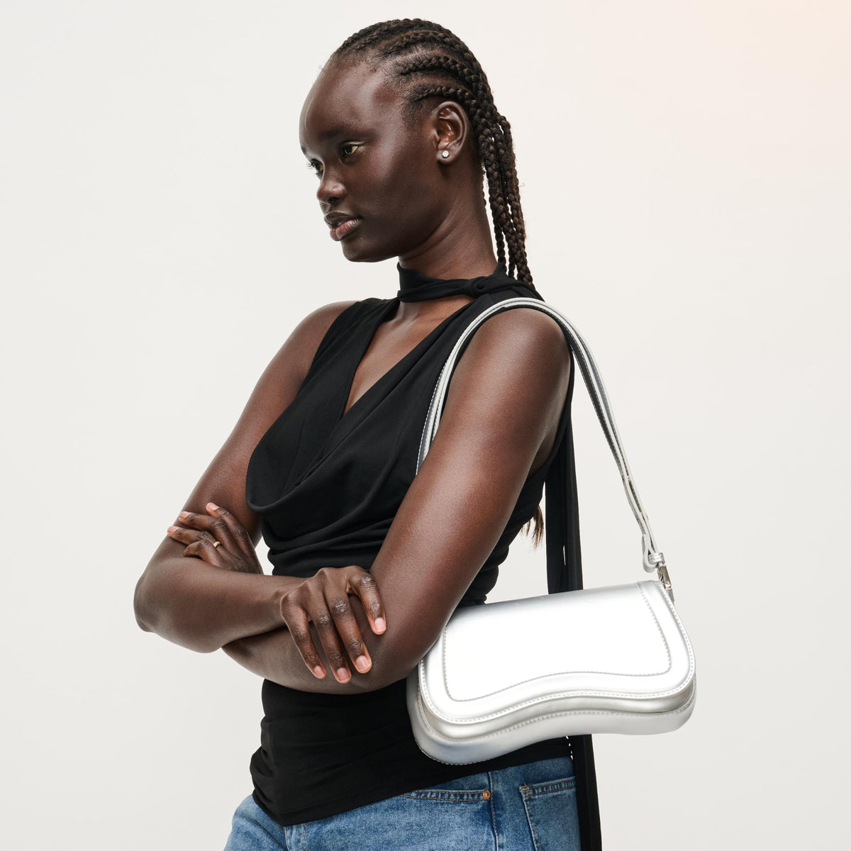Woman wearing Silver Urban Expressions Max Shoulder Bag 840504208447 View 3 | Silver