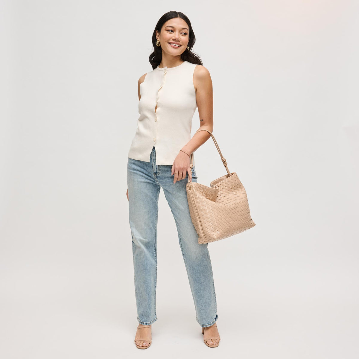 Woman wearing Almond Urban Expressions Theo Hobo 840504205606 View 4 | Almond