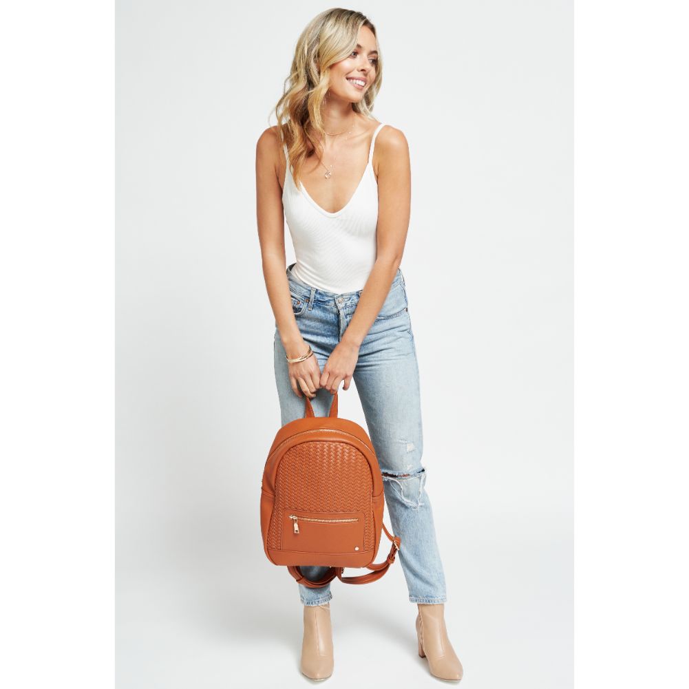 Woman wearing Tan Urban Expressions Becca Backpack 840611178718 View 3 | Tan