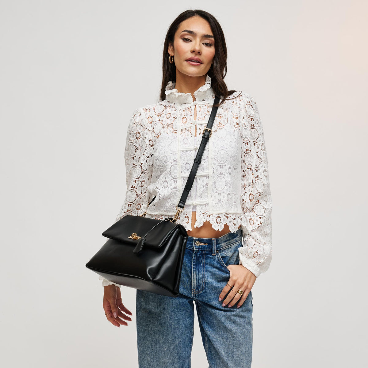 Woman wearing Black Urban Expressions Arrow Satchel 840504212925 View 3 | Black