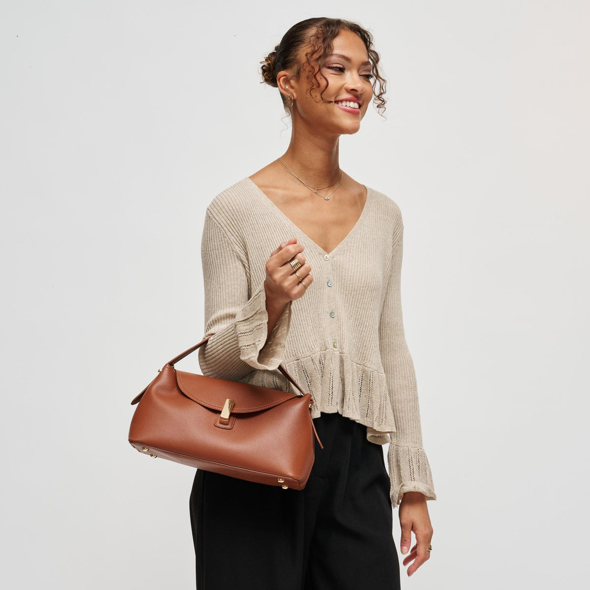 Woman wearing Cognac Urban Expressions Everleigh Crossbody 840504212864 View 3 | Cognac