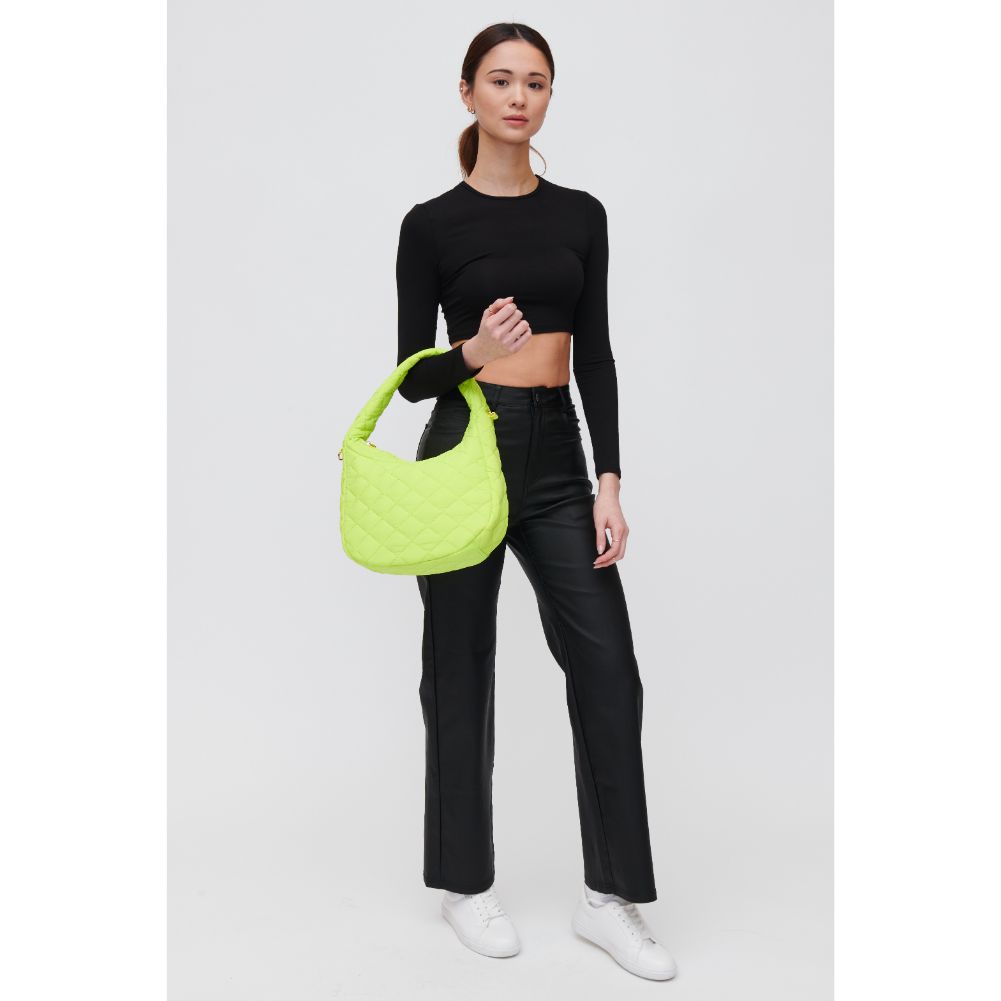 Woman wearing Neon Yellow Urban Expressions Sonoma - Quilted Nylon Hobo 840611118493 View 2 | Neon Yellow