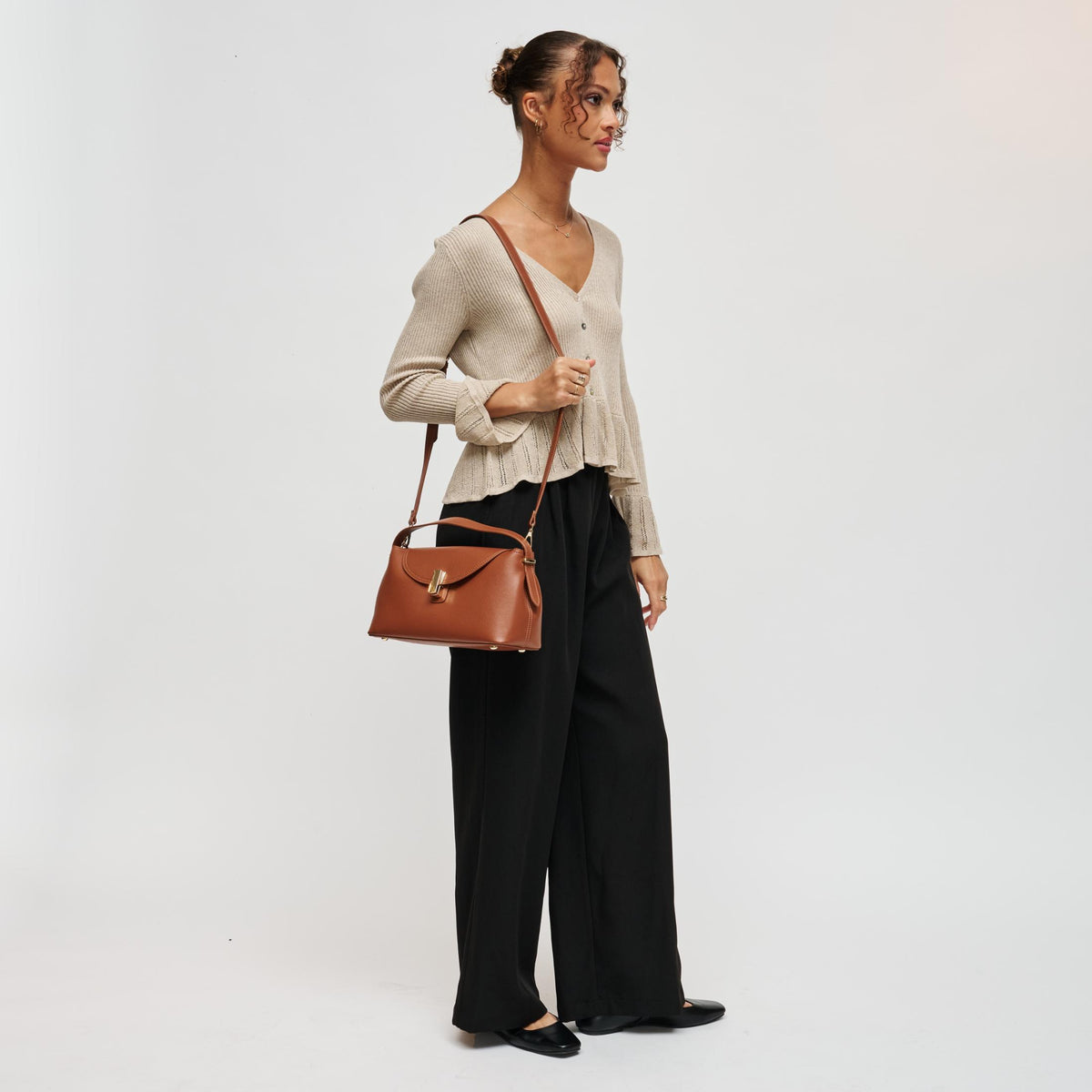 Woman wearing Cognac Urban Expressions Everleigh Crossbody 840504212864 View 4 | Cognac