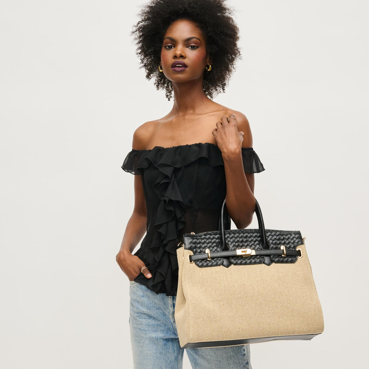 Woman wearing Natural Black Urban Expressions Bertha Satchel 840611133823 View 1 | Natural Black