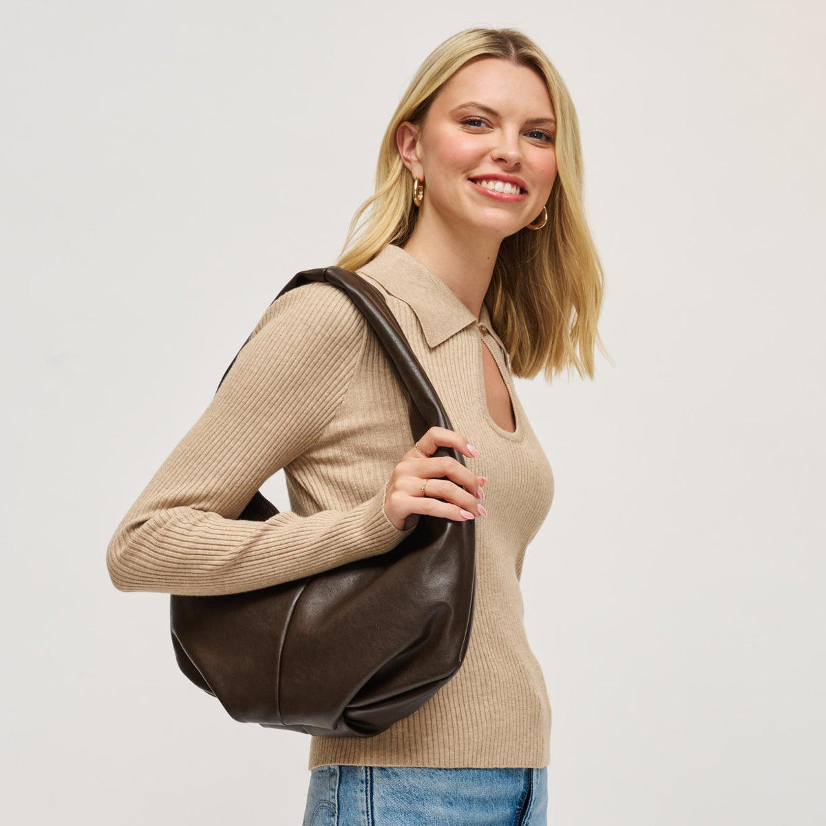 Woman wearing Chocolate Urban Expressions Sara Hobo 840611199232 View 1 | Chocolate