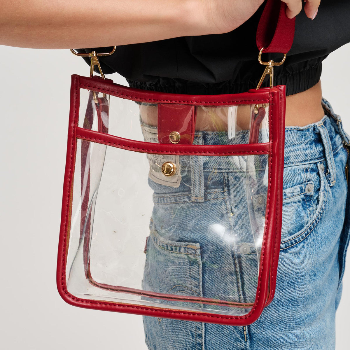 Woman wearing Red Urban Expressions Beckham - Clear Crossbody 840504201400 View 4 | Red
