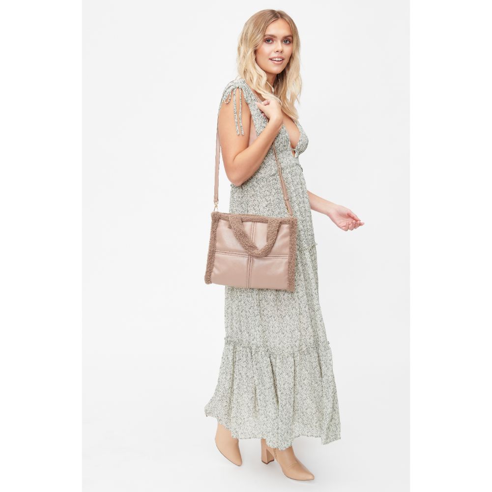 Woman wearing Latte Urban Expressions Cheviot Tote 840611101471 View 3 | Latte