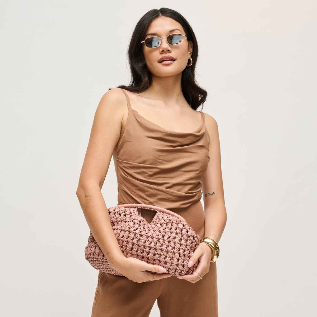 Woman wearing Mauve Urban Expressions Abigail Crossbody 840504204142 View 4 | Mauve