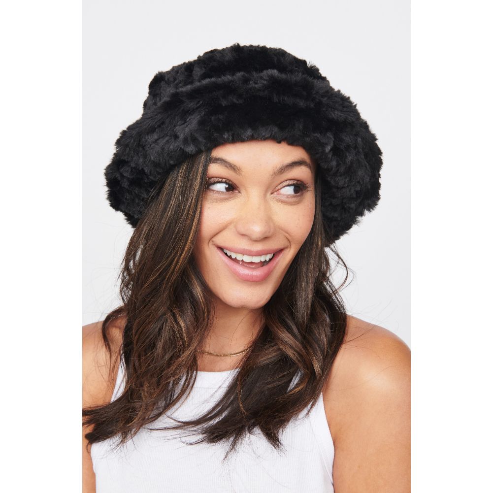 Woman wearing Natural Urban Expressions Faux Fur Bucket Hat Bucket Hat 818209014601 View 1 | Natural