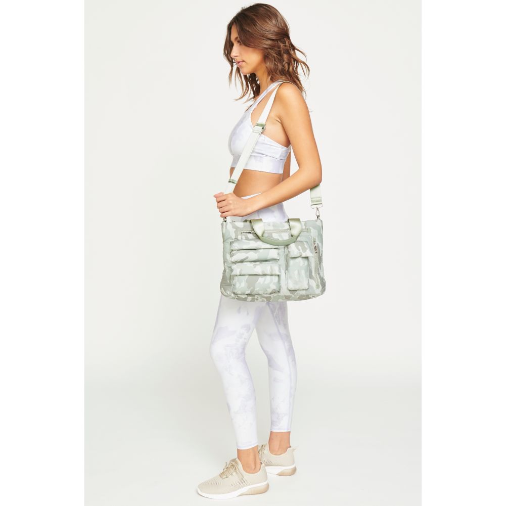 Woman wearing Sage Camo Urban Expressions Aria Messenger 840611182067 View 4 | Sage Camo