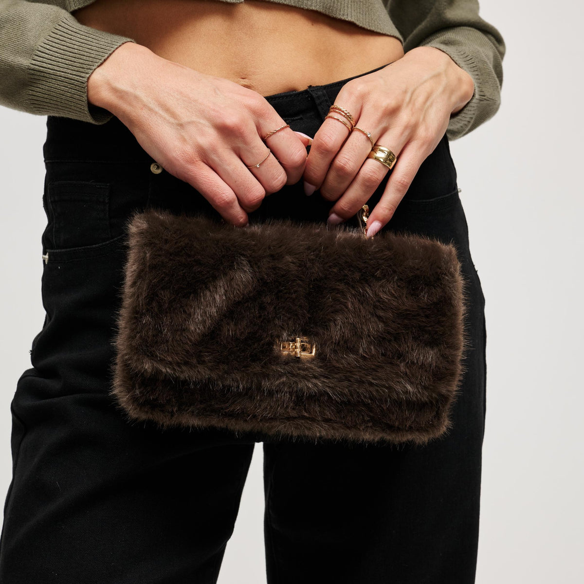 Woman wearing Chocolate Urban Expressions Lulu - Fur Crossbody 840504212406 View 1 | Chocolate