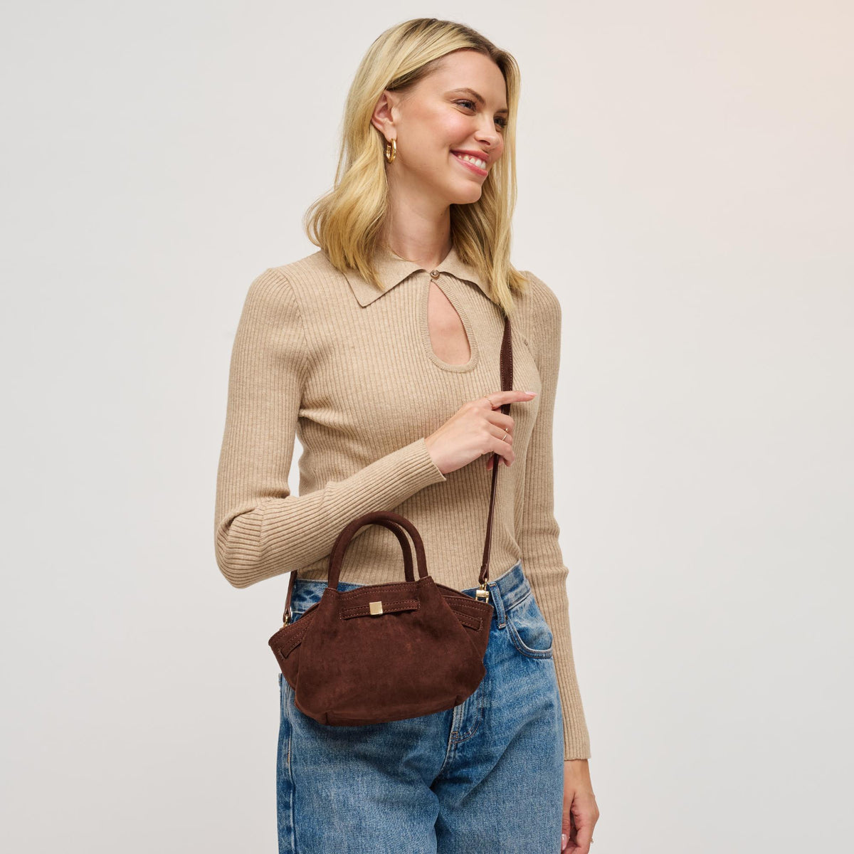 Woman wearing Chocolate Urban Expressions Selena - Faux Suede Crossbody 840611199201 View 3 | Chocolate