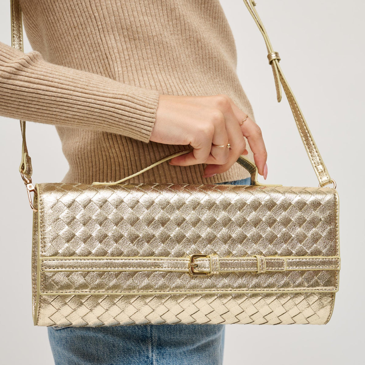 Woman wearing Gold Urban Expressions Emerson Crossbody 840611198327 View 4 | Gold
