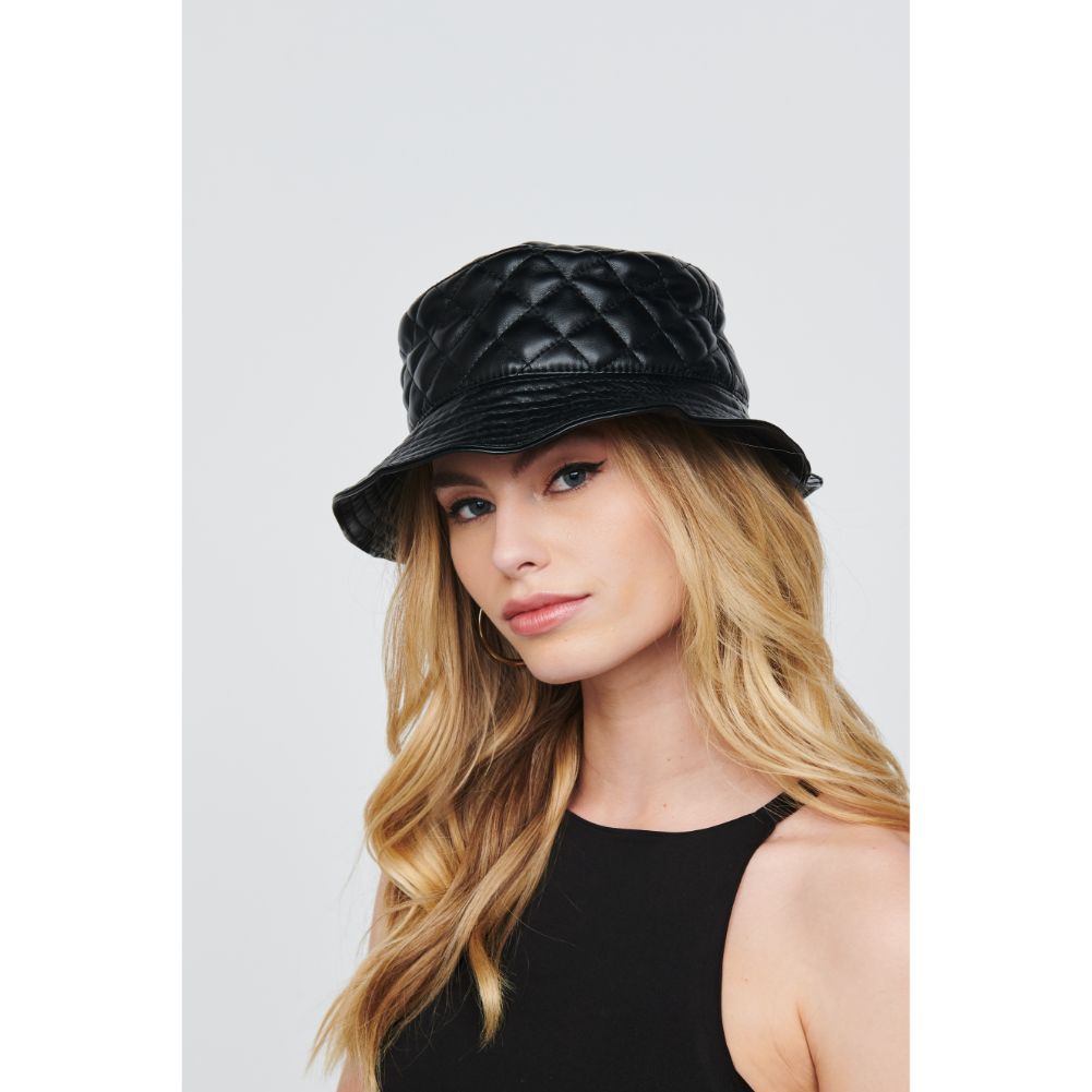 Woman wearing Black Urban Expressions Quilted Vegan Leather Bucket Hat Bucket Hat 818209014885 View 1 | Black