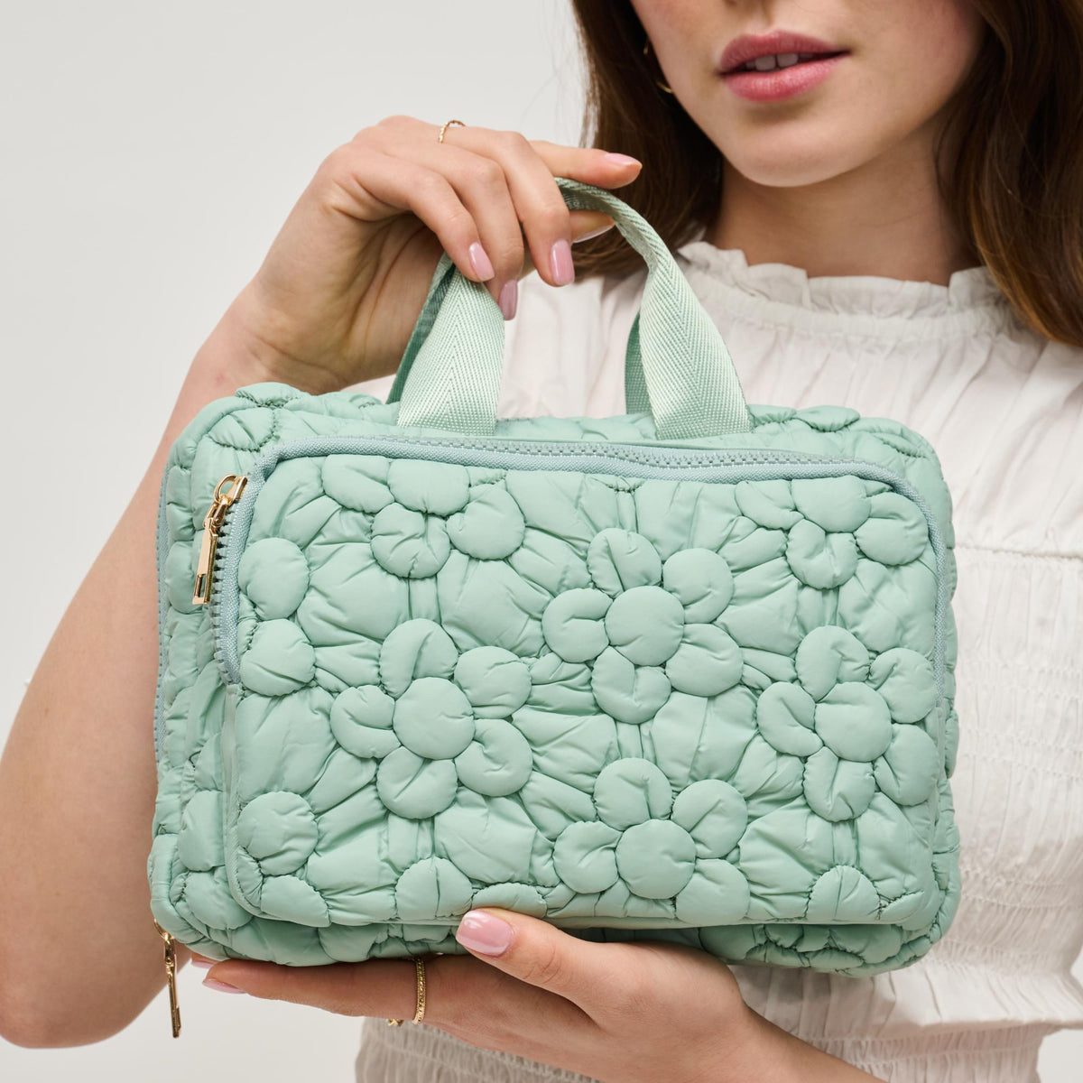 Woman wearing Sage Urban Expressions Petal Plush - Nylon Travel Organizer 840611195180 View 3 | Sage