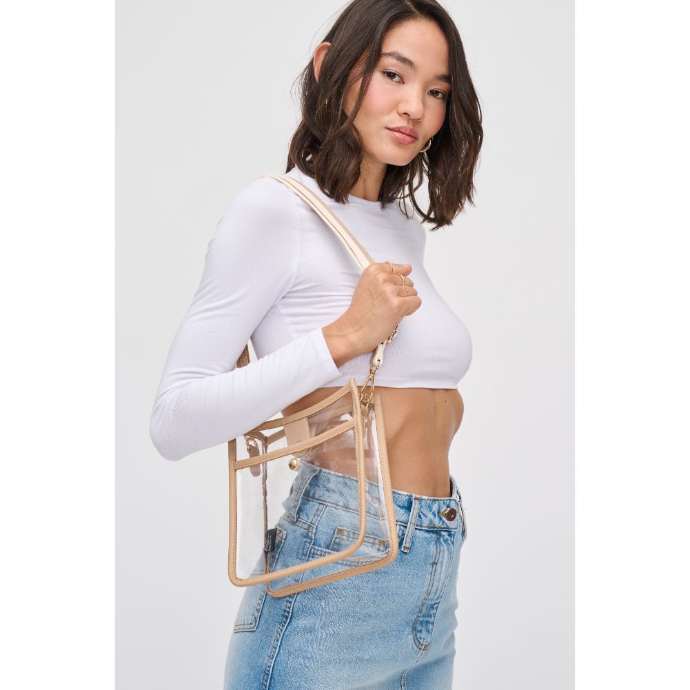 Woman wearing Nude Urban Expressions Beckham Crossbody 840611119988 View 3 | Nude
