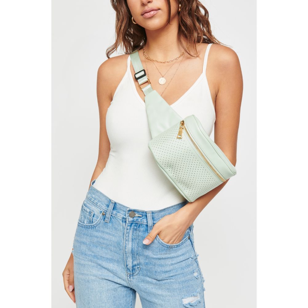 Woman wearing Mint Urban Expressions Hawthorn - Perforated Belt Bag NA-840611158635 View 4 | Mint